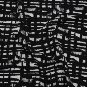 Crinkled Polyester Jacquard Knit – Black and White Abstract Grid – Designer Deadstock Crinkled Polyester Jacquard Knit – Black and White Abstract Grid – Designer Deadstock