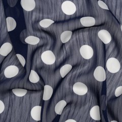 Crinkled Polyester Chiffon Print – Navy and White Polka Dots – Designer Deadstock Crinkled Polyester Chiffon Print – Navy and White Polka Dots – Designer Deadstock
