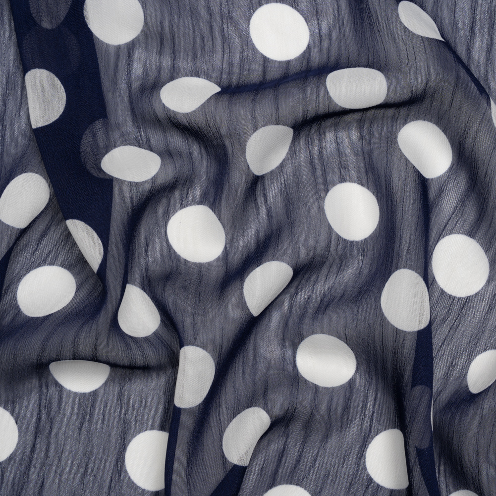 Crinkled Polyester Chiffon Print – Navy and White Polka Dots – Designer Deadstock Crinkled Polyester Chiffon Print – Navy and White Polka Dots – Designer Deadstock