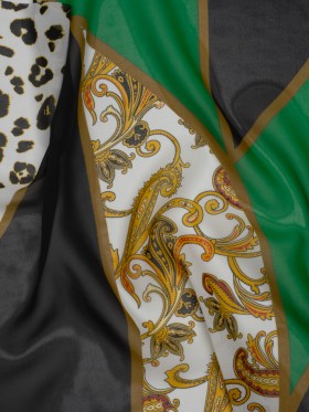 Polyester Chiffon Print – Green, Black and Gold Classical Patchwork – Designer Deadstock Polyester Chiffon Print – Green, Black and Gold Classical Patchwork – Designer Deadstock