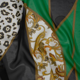 Polyester Chiffon Print – Green, Black and Gold Classical Patchwork – Designer Deadstock Polyester Chiffon Print – Green, Black and Gold Classical Patchwork – Designer Deadstock