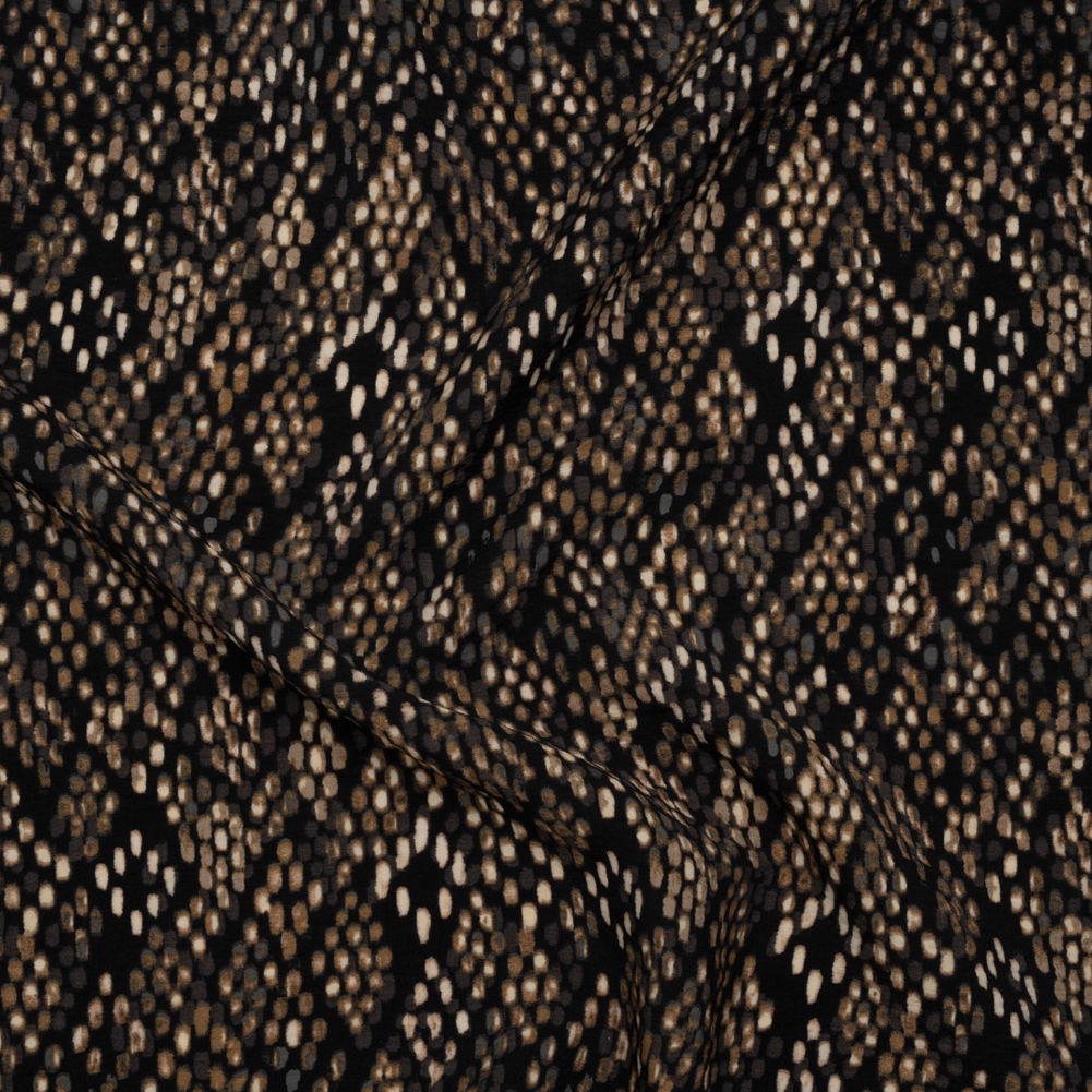 Crinkled Rayon and Nylon Woven – Black and Brown Snakeskin Spots – Designer Deadstock Crinkled Rayon and Nylon Woven – Black and Brown Snakeskin Spots – Designer Deadstock