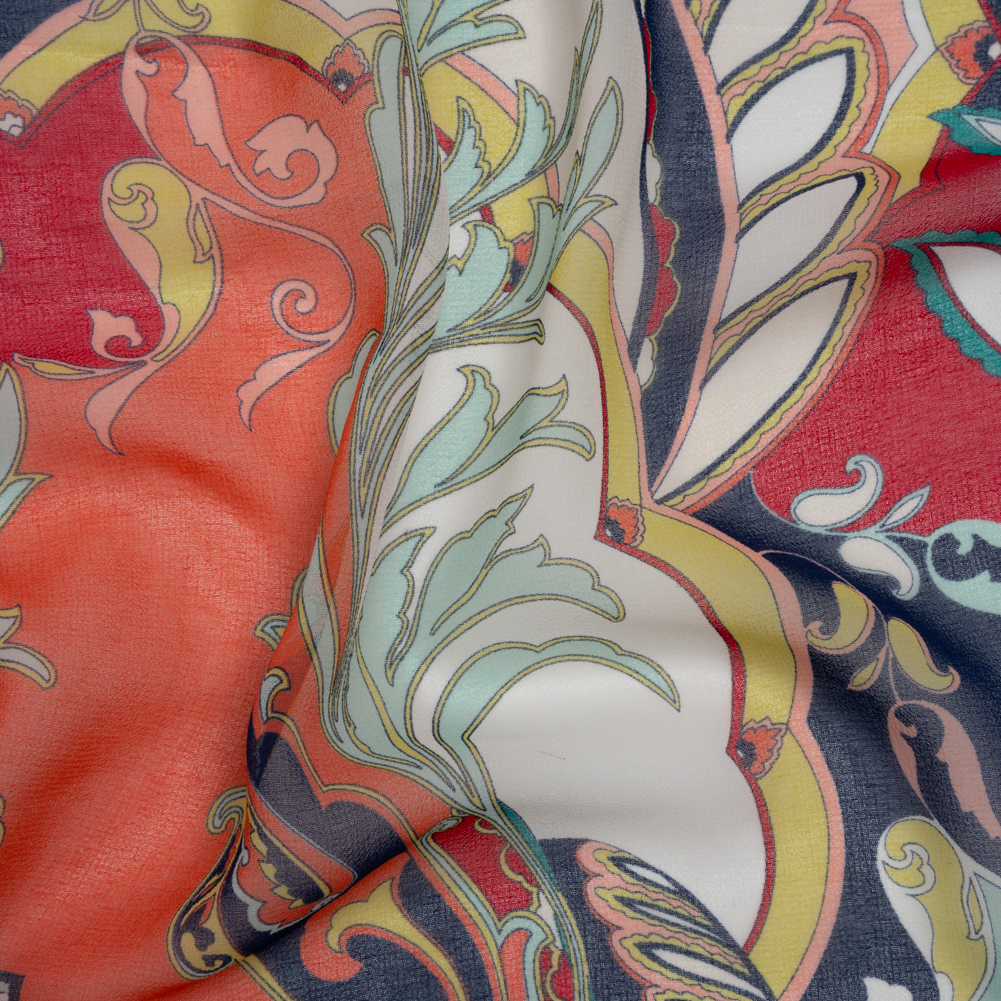 Polyester Chiffon Print – Navy, Red and Peach Paisley Leaves – Designer Deadstock Polyester Chiffon Print – Navy, Red and Peach Paisley Leaves – Designer Deadstock