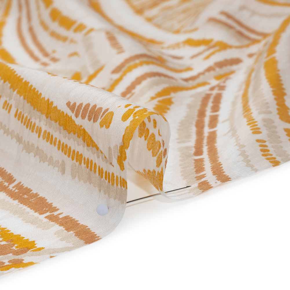 Slubbed Tencel Blend Woven Print - Ivory, Tan and Goldenrod Abstract Dotted Lines - Designer Deadstock