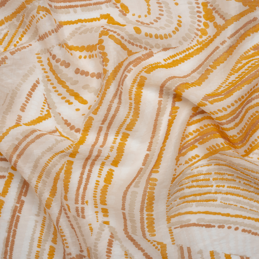 Slubbed Tencel Blend Woven Print – Ivory, Tan and Goldenrod Abstract Dotted Lines – Designer Deadstock Slubbed Tencel Blend Woven Print – Ivory, Tan and Goldenrod Abstract Dotted Lines – Designer Deadstock