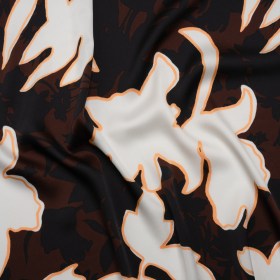 Polyester Charmeuse – Brown, Black and Creamsicle Orange Floral Silhouettes and Outlines – Designer Deadstock Polyester Charmeuse – Brown, Black and Creamsicle Orange Floral Silhouettes and Outlines – Designer Deadstock