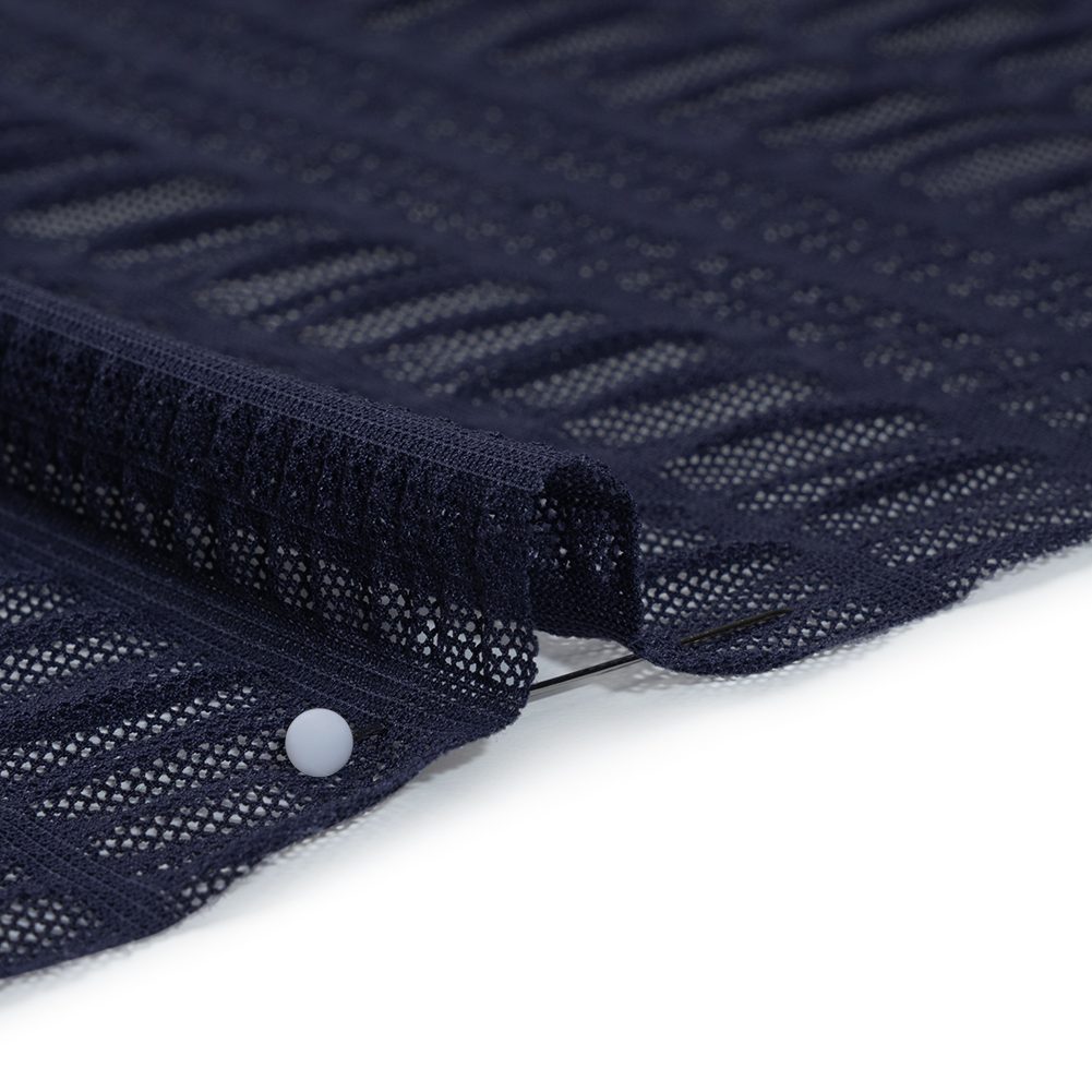 Ruched Stretched Nylon Mesh - Navy Blue Stripes - Designer Deadstock