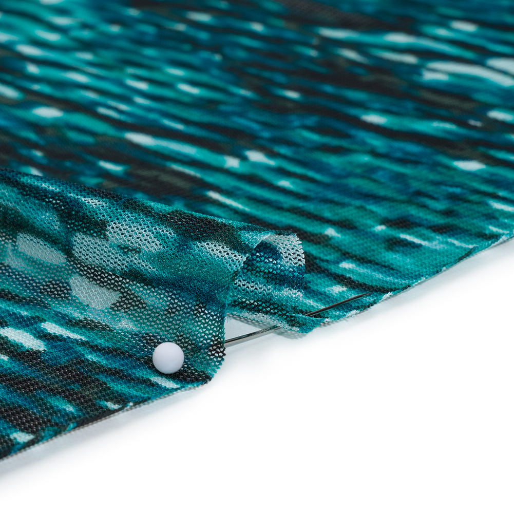 Polyester Stretch Mesh Print - Black and Teal Striations - Designer Deadstock