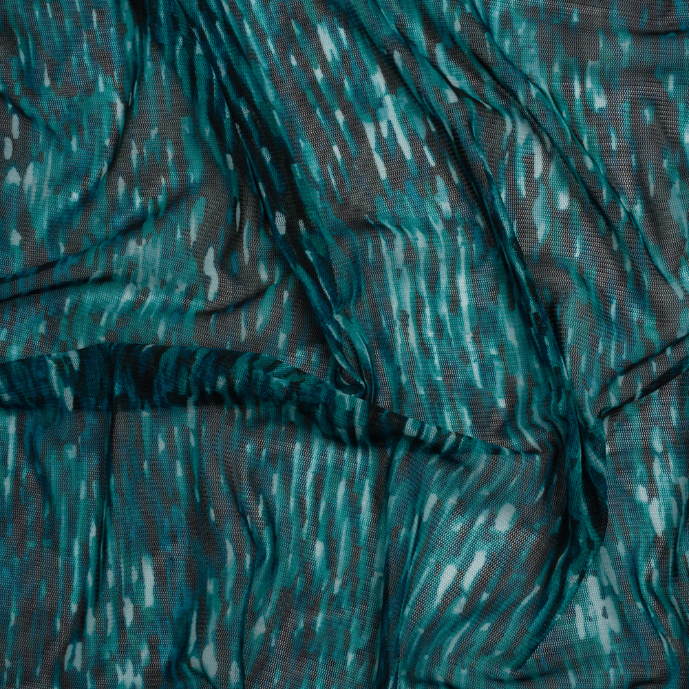 Polyester Stretch Mesh Print – Black and Teal Striations – Designer Deadstock Polyester Stretch Mesh Print – Black and Teal Striations – Designer Deadstock