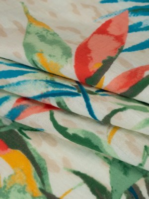 Double Cotton Gauze Print – Beige, Green and Dark Turquoise Palm Leaves – Designer Deadstock Double Cotton Gauze Print – Beige, Green and Dark Turquoise Palm Leaves – Designer Deadstock