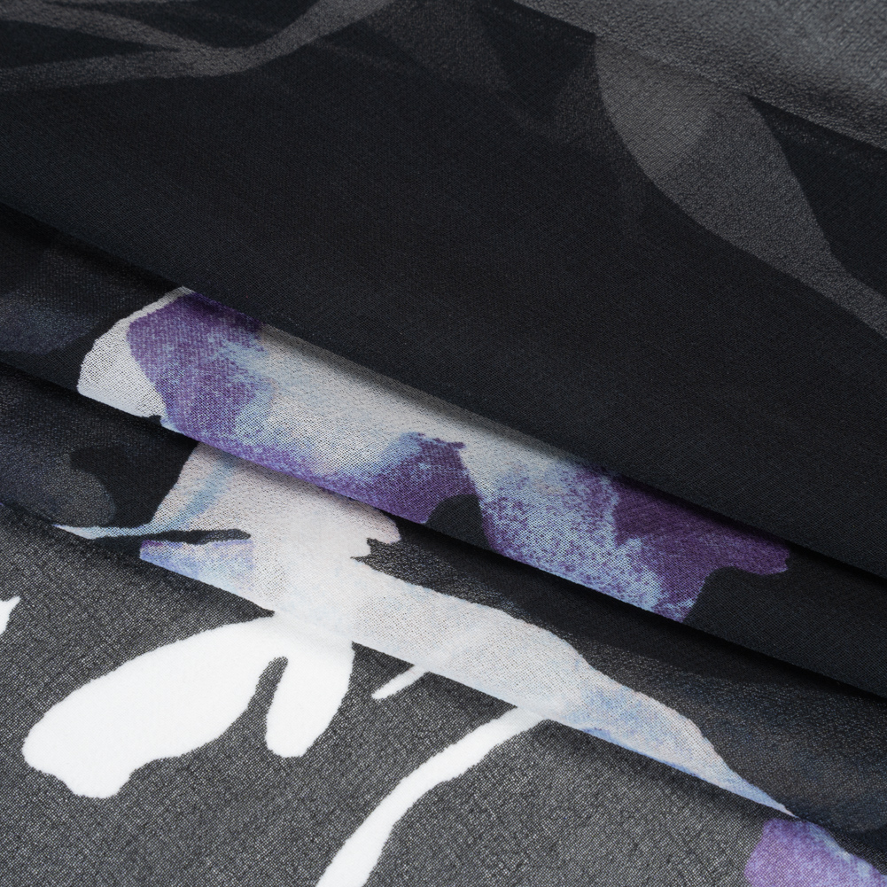 Polyester Chiffon Print – Black, White and Purple Watercolor Flowers – Designer Deadstock Polyester Chiffon Print – Black, White and Purple Watercolor Flowers – Designer Deadstock