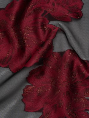 Metallic Polyester Burnout Brocade – Deep Red and Black Floral – Designer Deadstock Metallic Polyester Burnout Brocade – Deep Red and Black Floral – Designer Deadstock