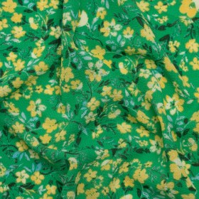 Puckered Polyester Crepe – Kelly Green and Yellow Floral – Designer Deadstock Puckered Polyester Crepe – Kelly Green and Yellow Floral – Designer Deadstock