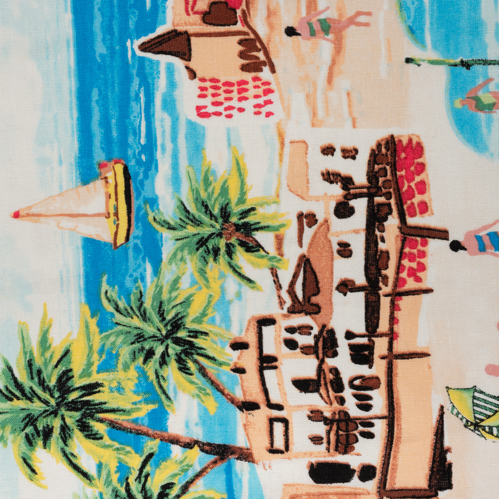 Linen and Rayon Woven Panel – Cinnamon and Blue Beach Scene – Designer Deadstock Linen and Rayon Woven Panel – Cinnamon and Blue Beach Scene – Designer Deadstock