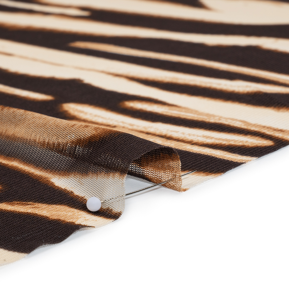 Polyester Stretch Mesh Print - Brown and Beige Painter Animal Stripes - Designer Deadstock