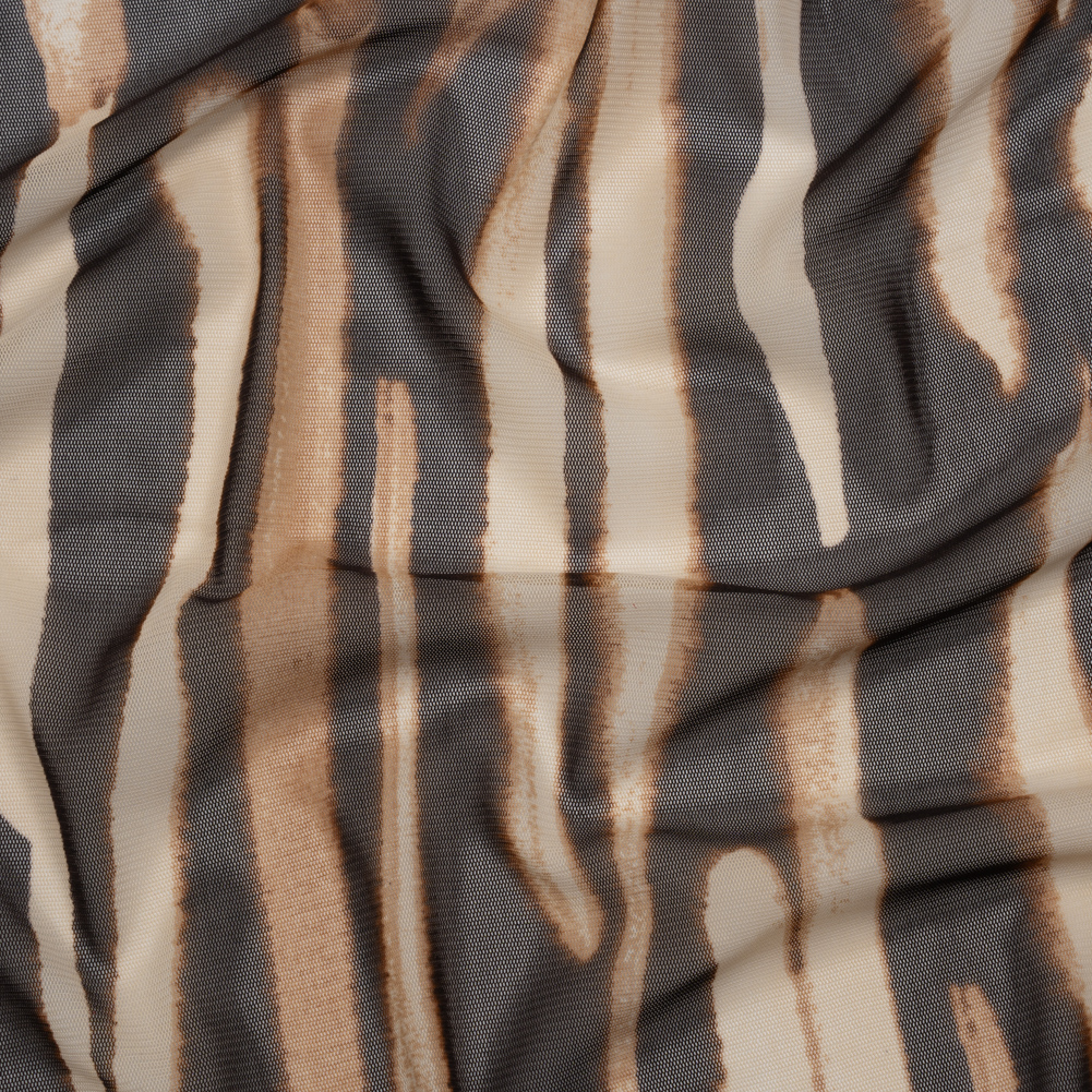 Polyester Stretch Mesh Print – Brown and Beige Painter Animal Stripes – Designer Deadstock Polyester Stretch Mesh Print – Brown and Beige Painter Animal Stripes – Designer Deadstock