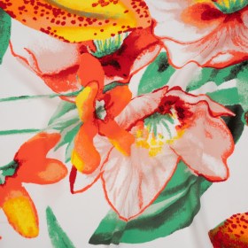 Lightweight Polyester Crepe Print – Bright Orange, Yellow and Green Brilliant Flowers and Orchids – Designer Deadstock Lightweight Polyester Crepe Print – Bright Orange, Yellow and Green Brilliant Flowers and Orchids – Designer Deadstock