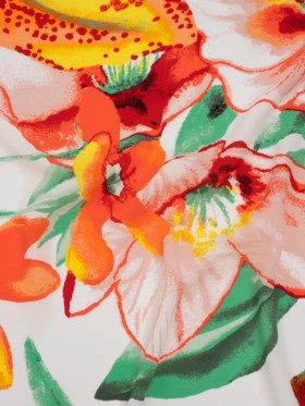 Lightweight Polyester Crepe Print – Bright Orange, Yellow and Green Brilliant Flowers and Orchids – Designer Deadstock Lightweight Polyester Crepe Print – Bright Orange, Yellow and Green Brilliant Flowers and Orchids – Designer Deadstock