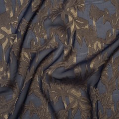Polyester Burnout Brocade – Navy Blue and Gold Classical Floral Vines – Designer Deadstock Polyester Burnout Brocade – Navy Blue and Gold Classical Floral Vines – Designer Deadstock