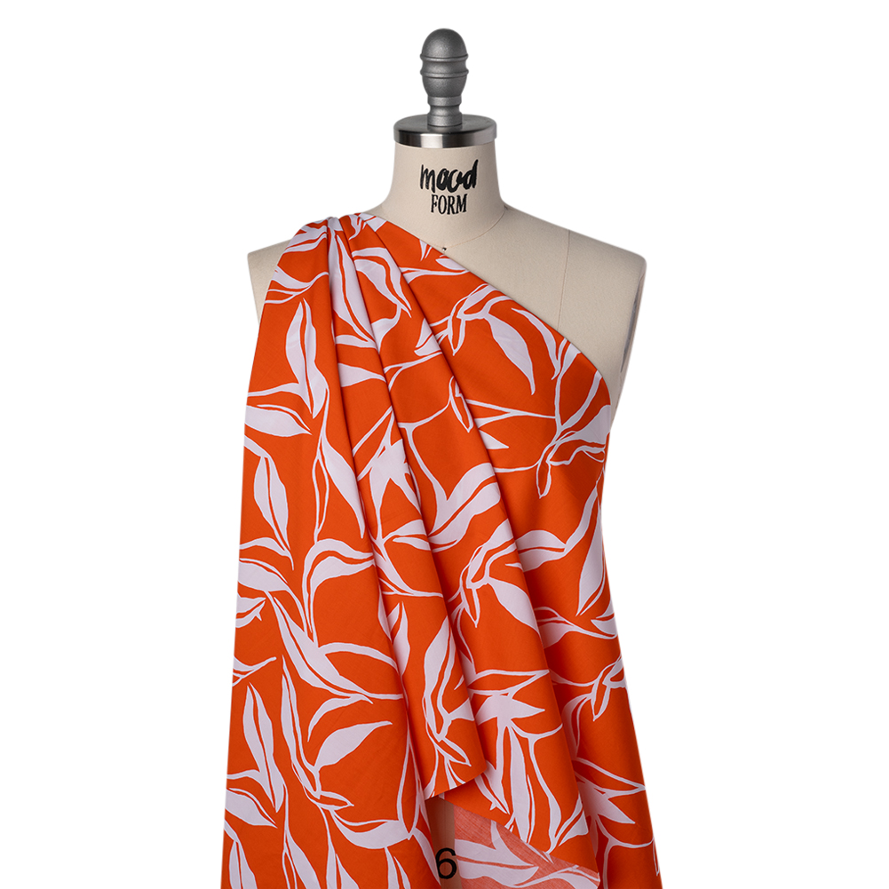 Cotton Poplin Print – Red Orange and White Leaves – Designer Deadstock Cotton Poplin Print – Red Orange and White Leaves – Designer Deadstock