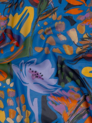 Polyester Chiffon Print – Bright Blue, Orange and Yellow Floral – Designer Deadstock Polyester Chiffon Print – Bright Blue, Orange and Yellow Floral – Designer Deadstock