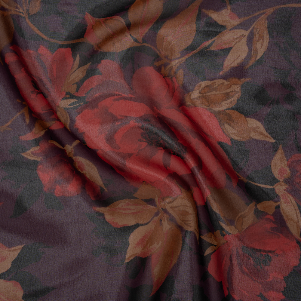 Polyester Chiffon Print – Plum, Red and Tan Floral – Designer Deadstock Polyester Chiffon Print – Plum, Red and Tan Floral – Designer Deadstock