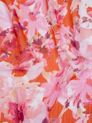 Crinkled Polyester Chiffon Print – Pink, Coral and Fuchsia Watercolor Flowers – Designer Deadstock Crinkled Polyester Chiffon Print – Pink, Coral and Fuchsia Watercolor Flowers – Designer Deadstock