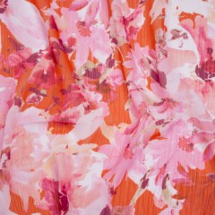 Crinkled Polyester Chiffon Print – Pink, Coral and Fuchsia Watercolor Flowers – Designer Deadstock Crinkled Polyester Chiffon Print – Pink, Coral and Fuchsia Watercolor Flowers – Designer Deadstock