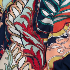 Lightweight Polyester Crepe Print – Peach, Red and Navy Ornate Floral – Designer Deadstock Lightweight Polyester Crepe Print – Peach, Red and Navy Ornate Floral – Designer Deadstock