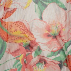 Polyester Chiffon with Metallic Gold Pinstripes – Bright Orange, Yellow and Green Brilliant Flowers and Orchids – Designer Deadstock Polyester Chiffon with Metallic Gold Pinstripes – Bright Orange, Yellow and Green Brilliant Flowers and Orchids – Designer Deadstock