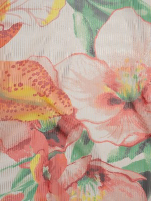 Polyester Chiffon with Metallic Gold Pinstripes – Bright Orange, Yellow and Green Brilliant Flowers and Orchids – Designer Deadstock Polyester Chiffon with Metallic Gold Pinstripes – Bright Orange, Yellow and Green Brilliant Flowers and Orchids – Designer Deadstock