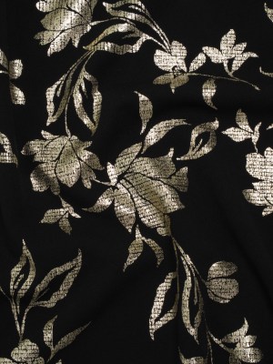 Stretch Polyester Crepe Scuba Knit with Foiled Print – Gold and Black Floral – Designer Deadstock Stretch Polyester Crepe Scuba Knit with Foiled Print – Gold and Black Floral – Designer Deadstock