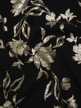 Stretch Polyester Crepe Scuba Knit with Foiled Print – Gold and Black Floral – Designer Deadstock Stretch Polyester Crepe Scuba Knit with Foiled Print – Gold and Black Floral – Designer Deadstock