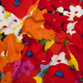 Stretch Cotton Poplin Print – Red, Orange and Blue Abstracted Floral – Designer Deadstock Stretch Cotton Poplin Print – Red, Orange and Blue Abstracted Floral – Designer Deadstock