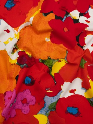 Stretch Cotton Poplin Print – Red, Orange and Blue Abstracted Floral – Designer Deadstock Stretch Cotton Poplin Print – Red, Orange and Blue Abstracted Floral – Designer Deadstock