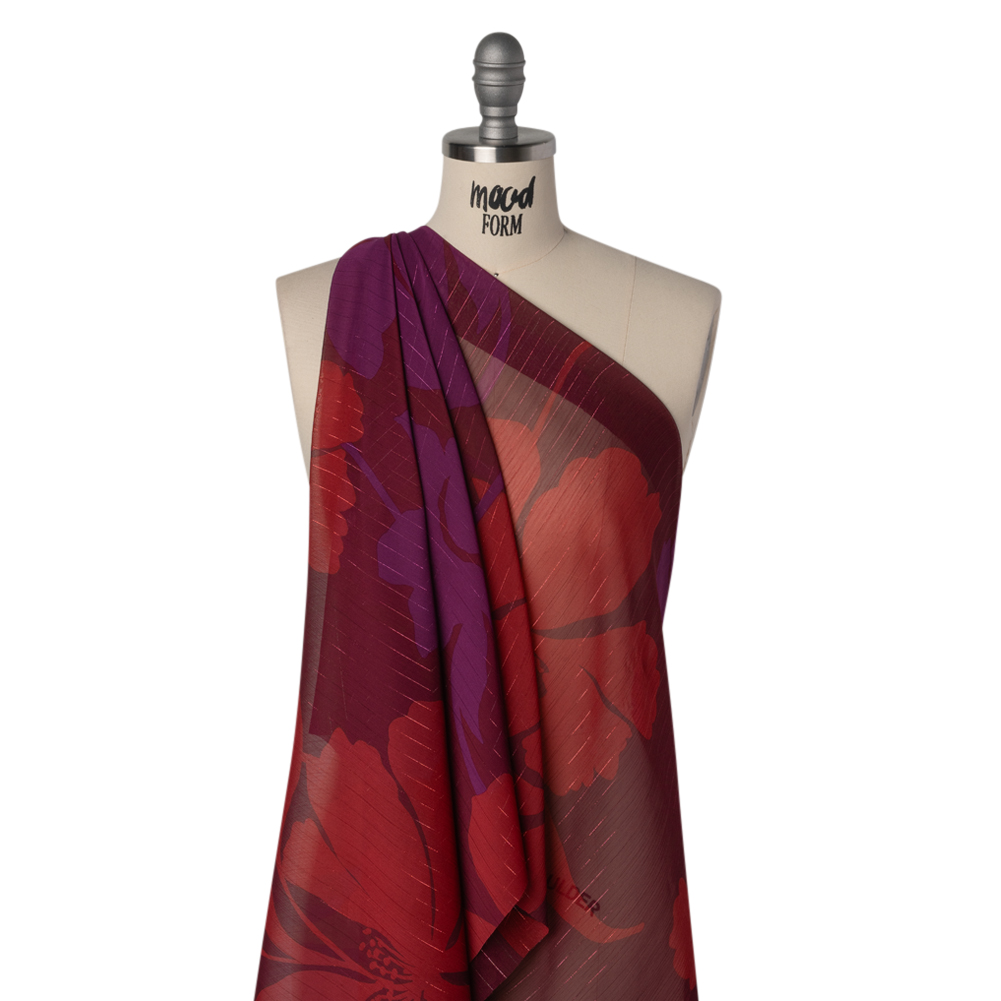 Crinkled Polyester Chiffon Print with Metallic Pinstripes – Burgundy, Brick Red and Plum Floral – Designer Deadstock Crinkled Polyester Chiffon Print with Metallic Pinstripes – Burgundy, Brick Red and Plum Floral – Designer Deadstock