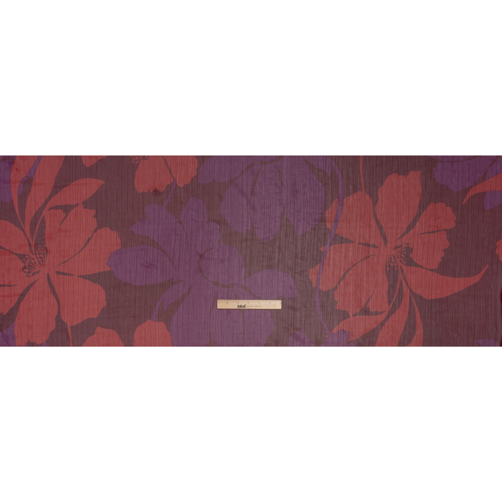 Crinkled Polyester Chiffon Print with Metallic Pinstripes – Burgundy, Brick Red and Plum Floral – Designer Deadstock Crinkled Polyester Chiffon Print with Metallic Pinstripes – Burgundy, Brick Red and Plum Floral – Designer Deadstock
