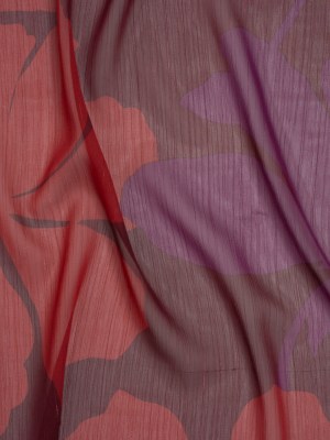 Crinkled Polyester Chiffon Print with Metallic Pinstripes – Burgundy, Brick Red and Plum Floral – Designer Deadstock Crinkled Polyester Chiffon Print with Metallic Pinstripes – Burgundy, Brick Red and Plum Floral – Designer Deadstock