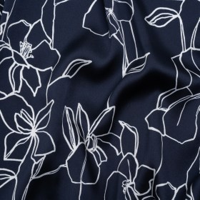 Stretch Polyester Charmeuse Print – Navy and White Floral Outlines – Designer Deadstock Stretch Polyester Charmeuse Print – Navy and White Floral Outlines – Designer Deadstock