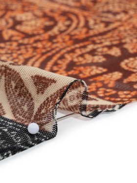 Polyester Stretch Mesh Print – Black, Orange and Burgundy Dotted Geometric – Designer Deadstock Polyester Stretch Mesh Print – Black, Orange and Burgundy Dotted Geometric – Designer Deadstock