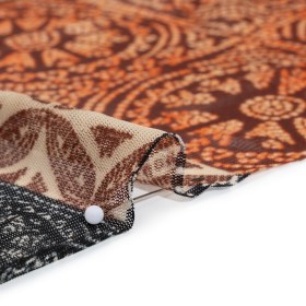 Polyester Stretch Mesh Print – Black, Orange and Burgundy Dotted Geometric – Designer Deadstock Polyester Stretch Mesh Print – Black, Orange and Burgundy Dotted Geometric – Designer Deadstock