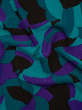 Stretch Polyester Crepe Print – Teal, Purple and Black Abstract – Designer Deadstock Stretch Polyester Crepe Print – Teal, Purple and Black Abstract – Designer Deadstock