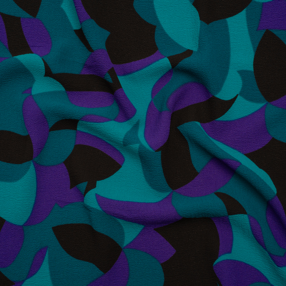 Stretch Polyester Crepe Print – Teal, Purple and Black Abstract – Designer Deadstock Stretch Polyester Crepe Print – Teal, Purple and Black Abstract – Designer Deadstock