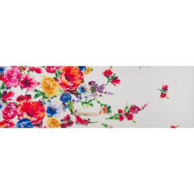 Stretch Polyester Scuba Knit – Red, Yellow and Blue Painted Roses Border – Designer Deadstock Stretch Polyester Scuba Knit – Red, Yellow and Blue Painted Roses Border – Designer Deadstock