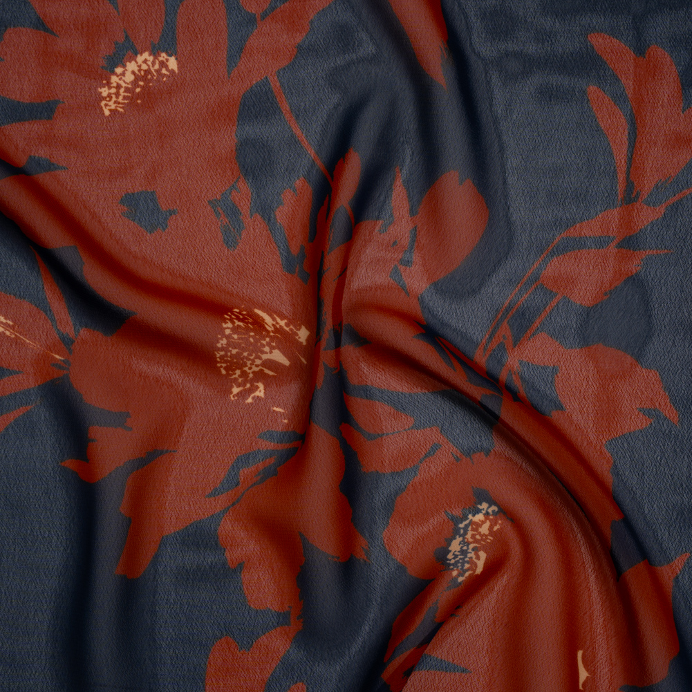 Polyester Chiffon Print – Navy Blue and Rust Floral – Designer Deadstock Polyester Chiffon Print – Navy Blue and Rust Floral – Designer Deadstock