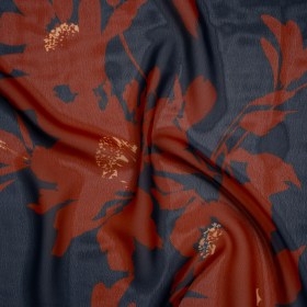 Polyester Chiffon Print – Navy Blue and Rust Floral – Designer Deadstock Polyester Chiffon Print – Navy Blue and Rust Floral – Designer Deadstock