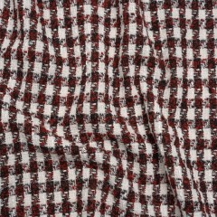 Boucle Tweed with Metallic Eyelash Fringe – White, Black and Red Plaid – Deadstock Boucle Tweed with Metallic Eyelash Fringe – White, Black and Red Plaid – Deadstock