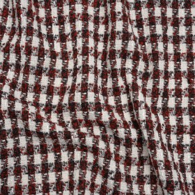 Boucle Tweed with Metallic Eyelash Fringe – White, Black and Red Plaid – Deadstock Boucle Tweed with Metallic Eyelash Fringe – White, Black and Red Plaid – Deadstock