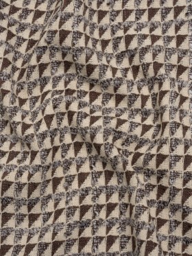 Heavy Polyester Woven with Short Fringe – Ivory and Brown Triangles – Deadstock Heavy Polyester Woven with Short Fringe – Ivory and Brown Triangles – Deadstock