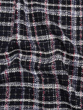 Tweedy Boucle Woven with Metallic Eyelash Fringe – Navy, White and Red Plaid – Deadstock Tweedy Boucle Woven with Metallic Eyelash Fringe – Navy, White and Red Plaid – Deadstock